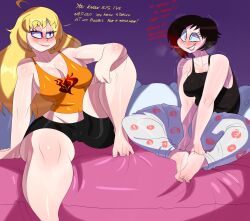 1futa 1girls 2022 ahoge big_breasts black_hair blonde_hair breasts clothed clothing dialogue duo english_text female futa_with_female futanari half-sisters half_siblings horny human implied_futa incest intersex light-skinned_female light-skinned_futa light_skin long_hair pajamas ruby_rose rwby short_hair siblings silver_eyes sisters sitting tagme tayuri text wide_hips yang_xiao_long