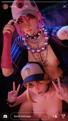 baseball_cap black_nail_polish blonde_hair choker dusty_(fortnite) earrings fortnite fortnite:_battle_royale green_eyes helsie_(fortnite) naked nose_ring partially_clothed peace_sign pink_hair red_eyes small_breasts social_media tattoos xutora