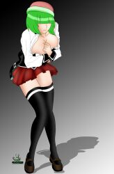 1girls academy_uniform_(bible_black) bible_black big_breasts boobs breasts cosplay female female_only green_hair large_breasts moni_peiper no_bra no_panties noir-black-shooter oc open_clothes original_character school_uniform