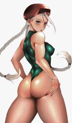 ahoge ass ass_grab bare_shoulders beret blonde_hair blue_eyes bodypaint braid breasts cammy_white camouflage capcom covered_erect_nipples curvy female fingerless_gloves gloves green_leotard hands_on_own_ass hat highleg highleg_leotard huge_ahoge huge_ass leotard long_braid long_hair looking_at_viewer looking_back medium_breasts morimakoto muscular muscular_female padded_gloves red_gloves scar skin_tight sleeveless solo standing street_fighter street_fighter_ii thighs thong_leotard twin_braids very_long_hair white_background