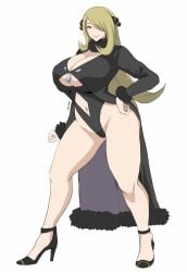 1girls belly_button big_breasts big_butt black_coat black_long_coat blonde_hair breasts_bigger_than_head cleavage clothed clothed_female curvaceous cynthia_(pokemon) female female_only game_freak gray_eyes hair_over_one_eye hand_on_hip heels high_heels hourglass_figure large_breasts long_blonde_hair long_hair looking_at_viewer navel_cutout nintendo pokemon pokemon_dppt shibusun stiletto_heels tagme thick_thighs thong_leotard voluptuous voluptuous_female white_background wide_hips