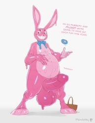 after_transformation anthro assimilation corruption dialogue easter easter_bunny genitals goo_creature goo_transformation hi_res holidays hyper hyper_genitalia lagomorph latex leporid male mammal plumlucky rabbit rubber slime solo solo_focus takeover transformation