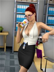 1girls black_skirt blue_eyes breasts cleavage clothing drink female female_only glasses large_breasts office office_lady pencil_skirt plunging_neckline ponytail red_hair redhead sydgrl3d white_shirt