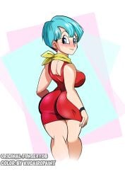 1girls ass_in_dress blue_eyes blue_eyes_female breasts bulma_briefs colored dragon_ball dragon_ball_z dress_inside_ass edit female female_only funsexydragonball hair hips indoors kugairopaint light_skin milf mother panties solo toei_animation