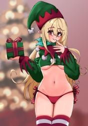 1girls belly_button big_breasts blonde_hair christmas_elf christmas_gift christmas_outfit christmas_stocking christmas_tree elf_hat fairy female female_only gift_box gosher hair_between_eyes legwear light-skinned_female light_skin medium_breasts midriff navel nijisanji nijisanji_en panties pointy_ears pomu_rainpuff red_eyes red_panties solo stockings thighhighs thighs underboob virtual_youtuber yellow_hair