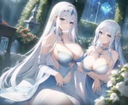 2girls ai_generated big_breasts blue_eyes light-skinned_female long_hair nai_diffusion original original_character pale-skinned_female silver_hair sister sisters stable_diffusion tagme thin_clothing twins white_hair