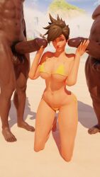 1girls 2boys 3d 3d_(artwork) abs balls beach belly_button big_balls big_breasts big_penis bikini blizzard_entertainment breasts brown_hair clothed clothed_female clothed_female_nude_male clothes clothing collarbone curvaceous dark-skinned_male dark_skin detailed_background ear_piercing fat_man female female_focus female_human fuckingtracer genitals glans hourglass_figure huge_cock human human_only imminent_sex interracial kneeling kneeling/standing kneeling_female kneeling_oral_position large_penis light-skinned_female light_skin male male/female multiple_boys multiple_males multiple_penises muscles muscular muscular_male navel nude nude_male outdoor outdoors outside overwatch penis penis_out pose posing pout pouting pouty_lips pubes pubic_hair public revealing_clothes short_hair standing straight tracer trio trio_focus unseen_male_face voluptuous yellow_bikini