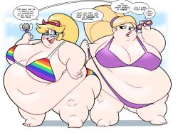 2girls aged_up ass bikini blonde_hair blue_eyes breasts_bigger_than_head dialogue disney disney_channel disney_xd double_chin fat_arms fat_people_only fat_thighs female female_only glasses gravity_falls huge_ass huge_belly huge_breasts hyper_belly large_ass milf morbidly_obese morbidly_obese_female obese obese_female overweight pacifica_northwest ponytail purple_bikini rainbow_bikini rainbow_clothing smooth_skin star_butterfly star_vs_the_forces_of_evil superspoe two_piece_swimsuit word_balloon