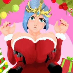 1girls aetheris axion big_breasts blue_eyes blue_hair breasts christmas christmas_outfit christmas_tree color counter-strike_(series) counter-strike_nexon:_studio female grope groping groping_breasts huge_breasts imnottenshi large_breasts nail_polish red_nails short_hair video_games