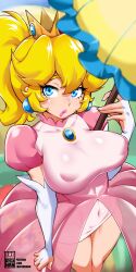 1girls bayeuxman big_breasts blonde_hair blue_eyes breasts busty child_bearing_hips covered_erect_nipples covered_navel covered_nipples dress erect_nipples_under_clothes eye_contact female female_focus fully_clothed large_breasts legs long_hair looking_at_viewer mario_(series) nintendo nipple_bulge perry_(nintendo) pink_lips pink_lipstick ponytail princess princess_peach puckered_lips see-through see-through_clothing solo_focus standing super_princess_peach thick_thighs thighs toad_(mario) umbrella voluptuous