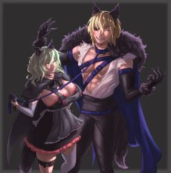 1boy 1girls abs alternate_costume asymmetrical_clothes asymmetrical_legwear bare_thighs blonde_hair blue_eyes bondage breasts byleth_(fire_emblem) byleth_(fire_emblem)_(female) cleavage collar dimitri_alexandre_blaiddyd female femdom fire_emblem fire_emblem:_three_houses gloves green_eyes green_hair halloween halloween_costume large_breasts leash looking_at_viewer male maledom medium_hair milkbar muscular muscular_male nintendo open_mouth skindentation smile thick_thighs thighs wolf_boy