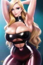 1girls ai_generated armpits arms_behind_head arms_up artist_self-insert big_breasts big_thighs blonde_hair blue_eyes breasts busty cleavage clothed clothed_female clothes clothing curvaceous curvy curvy_body curvy_female curvy_figure eyeliner eyeshadow female female_focus female_only hips huge_breasts large_breasts large_thighs latex latex_suit light-skinned_female light_skin long_hair looking_at_viewer makeup nai_diffusion queen_dee queen_dee_(character) shiny_clothes solo solo_female solo_focus stable_diffusion sweat sweaty thick thick_thighs thighs underboob voluptuous wide_hips