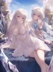 2girls ai_generated blue_eyes light-skinned_female nai_diffusion original original_character pale-skinned_female silver_hair sisters stable_diffusion tagme white_hair white_outfit