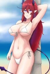 1girls 2022 ale_131 anime_onegai arm_behind_head beach big_breasts bikini cleavage day demon_tail dengeki_onegai female_only hoku_roboto horns light-skinned_female light_skin long_hair looking_at_viewer ocean palm_tree purple_eyes red_nails smiling_at_viewer succubus two_tone_hair virtual_youtuber white_bikini