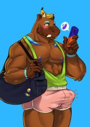 1boy abs anthro banana blue_body blue_fur blush bottomwear brown_body brown_fur bulge capybara caviid clothed clothing digital_media_(artwork) duffel_bag eggplant erection fingers food fruit fur gay genital_outline green_clothing green_topwear hi_res hotpants looking_at_object looking_at_phone male male_only mammal muscular muscular_anthro muscular_male nipples penis_outline phone pink_bottomwear pink_clothing pink_shorts pixelatedmilkshake pixltdeggplant plant rainbow_pride_colors rainbow_symbol rodent shorts simple_background solo solo_male topwear