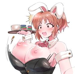 2019 abe_nana big_breasts big_nipples blush breasts breasts_out bunny_ears bunnysuit embarrassed idolmaster idolmaster_cinderella_girls nipples ozuma_810 pink_eyes surprised wardrobe_malfunction