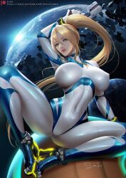 1girls alternate_version_at_source alternate_version_available asteroid asteroid_belt blonde_hair blue_eyes bodysuit bracelet bracelets cuffs female female_only heels huge_breasts latex metroid metroid_dread mole mole_under_mouth nintendo paralyzer_(gun) planet ponytail sade75311 sade_abyss samus_aran space_background super_smash_bros. white_and_blue white_latex zero_suit zero_suit_samus