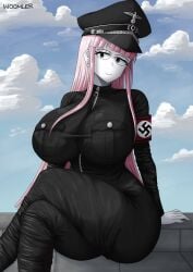 1girls artist_name big_breasts blossom_hope boots breasts breasts_bigger_than_head cloud curvy female grey_eyes hat latex long_hair looking_at_viewer military military_uniform nazi nazi_armband pink_hair sakura_kawakami sitting sky smile solo thick_thighs woomler