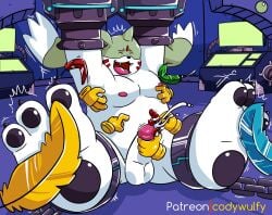 anthro bandai_namco belly bodily_fluids codywulfy_(artist) cum digimon digimon_(species) feathers gargomon genital_fluids horn laugh long_ears male nipples nude orgasm overweight pawpads pecs solo tickle_torture tickling tickling_armpits tickling_feet tickling_machine tickling_penis