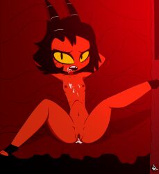 after_sex black_hair cum_in_pussy cum_on_breasts demon demon_girl demon_horns emberbaye helluva_boss millie_(helluva_boss) red_skin yellow_eyes