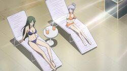 2girls anime_screencap asougi_rin big_breasts bikini blue_bikini busty cleavage feet female female_only green_eyes green_hair hi_res large_breasts legs long_hair mature mature_female mature_woman mimi_(mnemosyne) mnemosyne multiple_girls orange_bikini ponytail purple_eyes purple_hair screencap screenshot sitting small_breasts smile thighs voluptuous