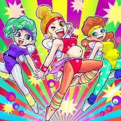 3girls 80's_theme aeropixthree blonde_hair blue_eyes brown_hair clothed edit edited_official_artwork female female_only green_eyes leg_warmers mint_hair multiple_girls multiple_pregnancies pixie pregnant purple_headband red_eyes red_headband smile smiling sweatdrop wink yellow_headband yu-gi-oh!