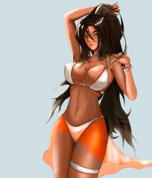 2d 2d_(artwork) big_breasts bikini black_hair dfg league_of_legends nidalee no_background orange_eyes orange_eyes_female riot_games tanned_skin tribal_markings tribal_tattoo tribal_tattoos visible_nipples white_bikini