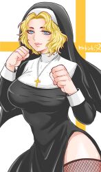 blonde_hair blue_eyes canon_genderswap crucifix curly_hair female female_only first_porn_of_character fishnet_thighhighs fishnets fully_clothed genderswap_(mtf) habit kengan_(series) kengan_ashura kengan_omega looking_at_viewer mchiko_oekaki mokichi_robinson necklace nun nun's_habit nun_outfit rule_63 short_hair side_slit smile solo thighhighs