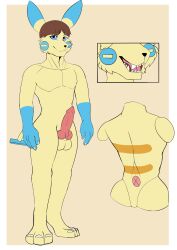 2022 3_toes absurd_res animal_genitalia animal_penis anthro balls blue_eyes brown_hair canine_penis fangs feet flat_colors generation_3_pokemon genitals gloves_(marking) hair hi_res isaac_volt knot male mammal markings minun model_sheet nintendo nude open_mouth penis pokémon_(species) pokemon pokemon_(species) pokemorph racoonthing reference_image rodent simple_background solo standing striped_back toes tongue video_games