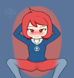 arezu_(pokemon) blush emberbaye pokemon pokemon_legends:_arceus pussy red_eyes red_hair simple_background smiling spread_legs