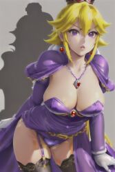 1girls ai_generated big_breasts blonde_hair blue_eyes busty cleavage dress female female_only leaning_forward legs mario_(series) nai_diffusion nintendo princess princess_peach shadow_queen solo stable_diffusion thighs voluptuous