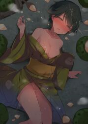 1girls after_sex bangs black_hair blush breasts cleavage clothing condom cum cum_in_pussy cum_inside cum_on_clothes cum_on_hair female green_eyes green_kimono half-closed_eyes japanese_clothes kantai_collection kimono legs_together looking_at_viewer lying medium_breasts mogami_(kantai_collection) nipples nose_blush obi off_shoulder official_alternate_costume on_side open_mouth parted_lips pumpkin saliva sash shin_(new) short_hair solo tears used_condom wide_sleeves