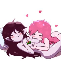 2022 2girls adventure_time areolae ass black_hair blush breasts candy_girl canon_couple cartoon_network closed_eyes cute female female_only fizzyspidercider grey_skin holly_(plant) marceline multiple_girls nipples nude pink_hair pink_skin pointy_ears princess_bubblegum small_breasts smile straight_hair sucking_nipples vampire wholesome wholesome_sex yuri