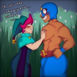 2boys blush brawl_stars bulge chester_(brawl_stars) donari el_primo_(brawl_stars) femboy gay male_only muscular muscular_male tagme toony yaoi