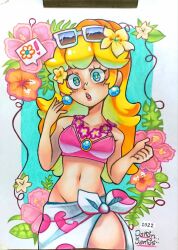 ! 1girls artist_name big_breasts bikini blonde_hair blue_eyes breasts busty eyewear_on_head female female_only flower large_breasts legs long_hair looking_at_viewer mario_(series) navel nintendo open_mouth pink_bikini princess princess_peach princess_peach_(swimwear) sarong sunglasses sunglasses_on_head super_mario_odyssey swimsuit thick_thighs thighs traditional_media voluptuous