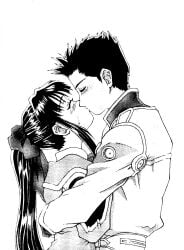 1boy 1girls artist_request blush bow closed_eyes clothing couple female fingerless_gloves from_side gloves hair_ribbon height_difference hug kissing long_hair male monochrome oogami_ichirou pants passionate passionate_kiss pointy_hair ribbon romantic romantic_couple sakura_shinguji sakura_taisen sakura_wars sega uniform wholesome