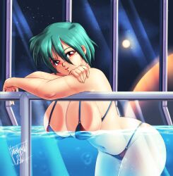 1girls 2022 against_glass big_breasts bikini busty cleavage danmakuman female female_only green_hair large_breasts leaning_forward legs looking_at_viewer navel original pool red_eyes sensual short_hair smile thick_thighs thighs voluptuous water