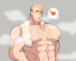 balls bara bara_tits beard big_pecs blush chest_hair facial_hair fire_emblem fire_emblem:_three_houses hairy hokawazu jeralt_reus_eisner male male_only muscles muscular musk nintendo solo solo_male sweaty towel towel_on_shoulder