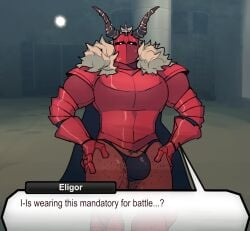 armor balls bara bara_tits big_bulge big_pecs bulge eligor_(megami_tensei) hands_on_hips helmet hokawazu horns male male_only medieval_armour megami_tensei muscles muscular pantsless penis solo solo_male sweaty text_box thong