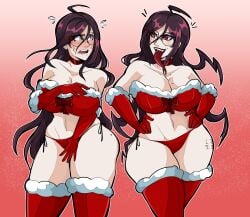 bare_thighs blush bluueygooey breasts christmas cleavage danganronpa danganronpa:_trigger_happy_havoc danganronpa_1 elbow_gloves embarrassed female female_only fukawa_touko genocider_shou glasses gloves huge_breasts large_breasts long_hair long_tongue looking_at_another mole mole_on_ass mole_on_breast mole_on_thigh multiple_girls open_mouth panties purple_hair red_eyes red_panties smile straight_hair thick_thighs thighhighs thighs underwear