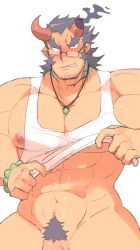 balls bara bara_tits big_pecs blush broken_horn facial_hair glasses hokawazu horns male male_only muscles muscular penis solo solo_male takemaru_(tokyo_afterschool_summoners) tank_top tank_top_lift tokyo_afterschool_summoners