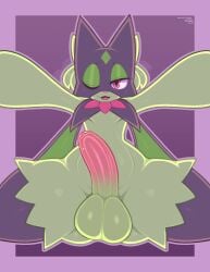 1boy 2022 anthro artist_name ass balls bedroom_eyes big_balls big_penis black_legs bodily_fluids border digital_media_(artwork) femboy foreskin frumples fur generation_9_pokemon genital_fluids genitals girly green_body green_fur half-erect hi_res humanoid_genitalia humanoid_penis looking_at_viewer low-angle_view male male_meowscarada male_only meowscarada narrowed_eyes nintendo nude one_eye_closed one_eye_half-closed open_mouth open_smile outline partially_retracted_foreskin penis pink_eyes pink_nose pokémon_(species) pokemon pokemon_(species) pokemon_sv precum presenting presenting_balls presenting_penis purple_background purple_border purple_outline seductive simple_background smile solo solo_male thick_thighs tongue video_games wink worm's-eye_view