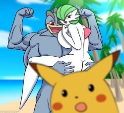 alternate_version_available anthro beach before_sex blush breasts breasts_on_chest censored derivative_work dick erection flexing gardevoir green_hair happy interspecies lifting machamp meme muscle muscles muscular muscular_male naked naked_female naked_male nipples nude nude_female nude_male nudist nudist_beach outdoor_nudity outdoors outside pikachu pokémon_(species) pokemon pokemon_(species) red_eyes reference_work self_upload size_difference squished_breasts standing straight supermilkman surprised surprised_pikachu