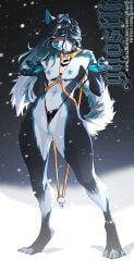 anthro anthro_only bondage breasts canid canine canis clothing domestic_dog female genitals ghostli harness hi_res husky mammal nordic_sled_dog plump_labia pussy size_difference small_breasts smaller_female snow solo spitz sylas_(sylasdoggo) thong thong_straps underwear