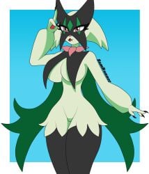 1girls anthro black_body breasts felid feline female female_only generation_9_pokemon green_body looking_at_viewer meowscarada pokémon_(species) pokemon pokemon_sv samrunner solo solo_female thick_thighs thighhighs thighs