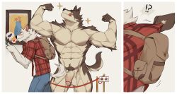 2022 abs absurd_res anthro balls biped blush brown_body brown_fur canid canine digital_media_(artwork) duo flaccid flexing_both_biceps fur gakujo genitals hi_res humanoid_genitalia humanoid_penis licking licking_lips licking_own_lips male male/male mammal multicolored_body multicolored_fur muscular muscular_anthro muscular_male pecs penis public public_nudity self_lick shirt_grab smile tongue tongue_out two_tone_body two_tone_fur white_body white_fur