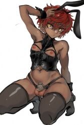 1boy akira_kurusu balls bunny_ears bunnysuit cage caged caged_cock chastity chastity_cage chastity_device cock_cage dark-skinned_femboy dark-skinned_male dark_skin femboy flat_chastity_cage girly joker_(persona) legwear male male_chastity male_focus male_only penis_cage persona_5 persona_5_scramble:_the_phantom_strikers prprlo red_hair shadow_self_(persona) short_hair small_chastity_cage sole_male solo squatting testicles thick_thighs thighhighs thighs yellow_eyes