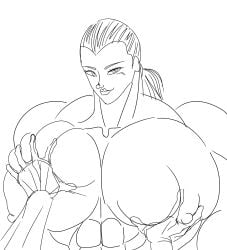 1boy 1male abs areola areolae artist_request baki baki_the_grappler bara bara_tits big_areola big_areolae big_arms big_chest big_lips big_nipples big_pecs big_shoulders black_and_white bodybuilder bodybuilding draft femboy grab grabbing grabbing_breasts grabbing_pecs grappler_baki hand_on_breast hands hands_on_breasts huge_pecs kureha_shinogi lips long_hair male_only monochrome muscular muscular_arms muscular_chest muscular_femboy muscular_male muscular_shoulders nipples no_color pecs pectorals sketch smile smiling_at_viewer touching touching_hair touching_pecs