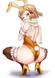 animal_ears ass black_thighhighs breasts brown_hair fake_animal_ears female from_behind high_heels highres leotard looking_at_viewer looking_back medium_breasts orange_eyes orange_leotard playboy_bunny rabbit_ears rabbit_tail scarf senki_zesshou_symphogear shiny shiny_hair shiny_skin short_hair simple_background solo spread_legs squatting strapless strapless_leotard tachibana_hibiki_(symphogear) tachibana_hibiki_(symphogear)_(another) tail thighhighs ume_milk white_background wrist_cuffs