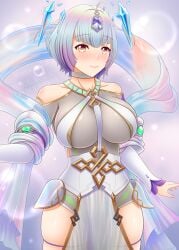 1girls ahoge amezuku bare_shoulders blue_hair breasts female female_only fire_emblem fire_emblem_heroes floating floating_object forehead_jewel highres large_breasts multicolored_hair nintendo purple_hair seidr_(fire_emblem) simple_background skindentation smile solo thick_thighs thigh_strap thighs yellow_eyes